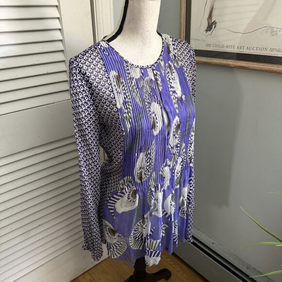 ANTIK BATIK Blouse Womens Small 38 Purple Sheer Silk Artsy Bohemian Print Tunic - Picture 4 of 9
